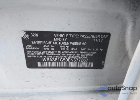 2014 BMW 320 I из США, поврежденный, VIN WBA3B1G50ENS77267